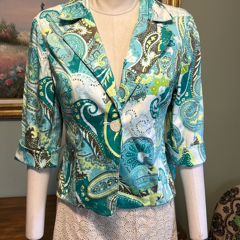 Kate Hill Teal Green Blue White Paisley 3/4 Sleeve Blazer Jacket
